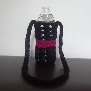 Handmade Crochet Shimmery Pink & Black Water Bottle Holder